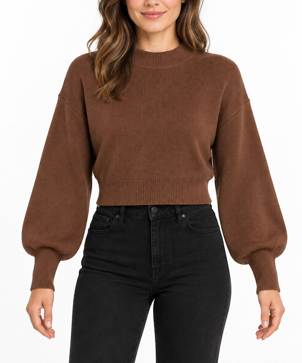 ZESICA Women M Brown Soft Cropped Mock Neck Sweater Balloon Sleeve Ribbed Knit